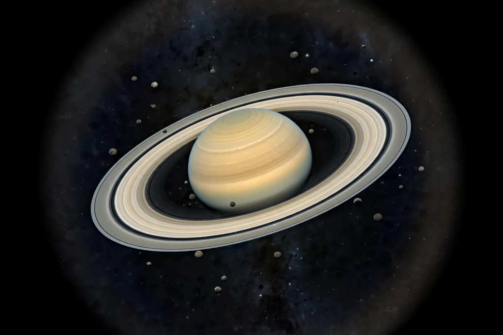 Saturn and its rings with many small distant moons in deep space