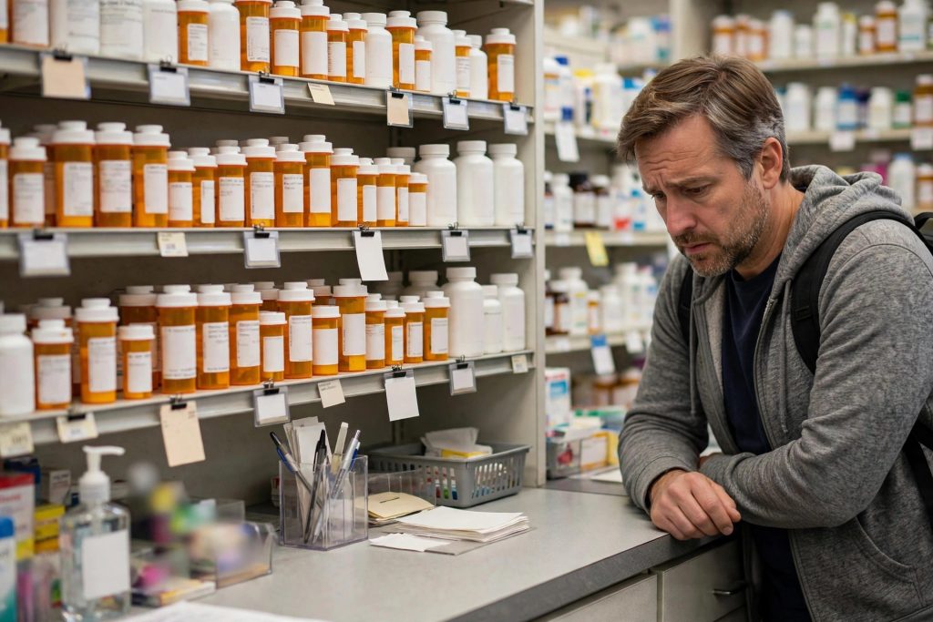 One Health Care Story, Two Sets of Facts: Drug Prices Explained Prescription medicine bottles at a pharmacy counter illustrating US drug price claims
